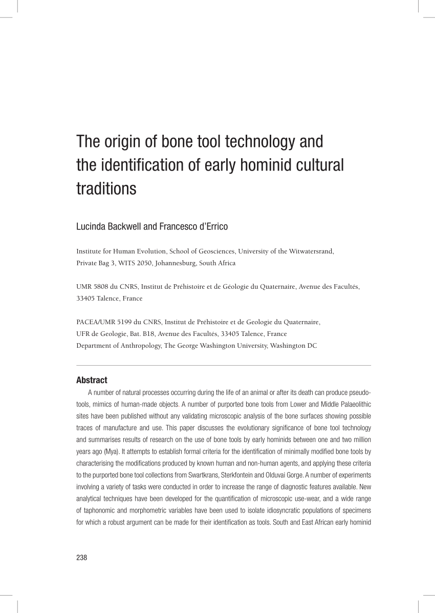 Pdf The Origin Of Bone Tool Technology And The Identification Of Early Hominid Cultural Traditions