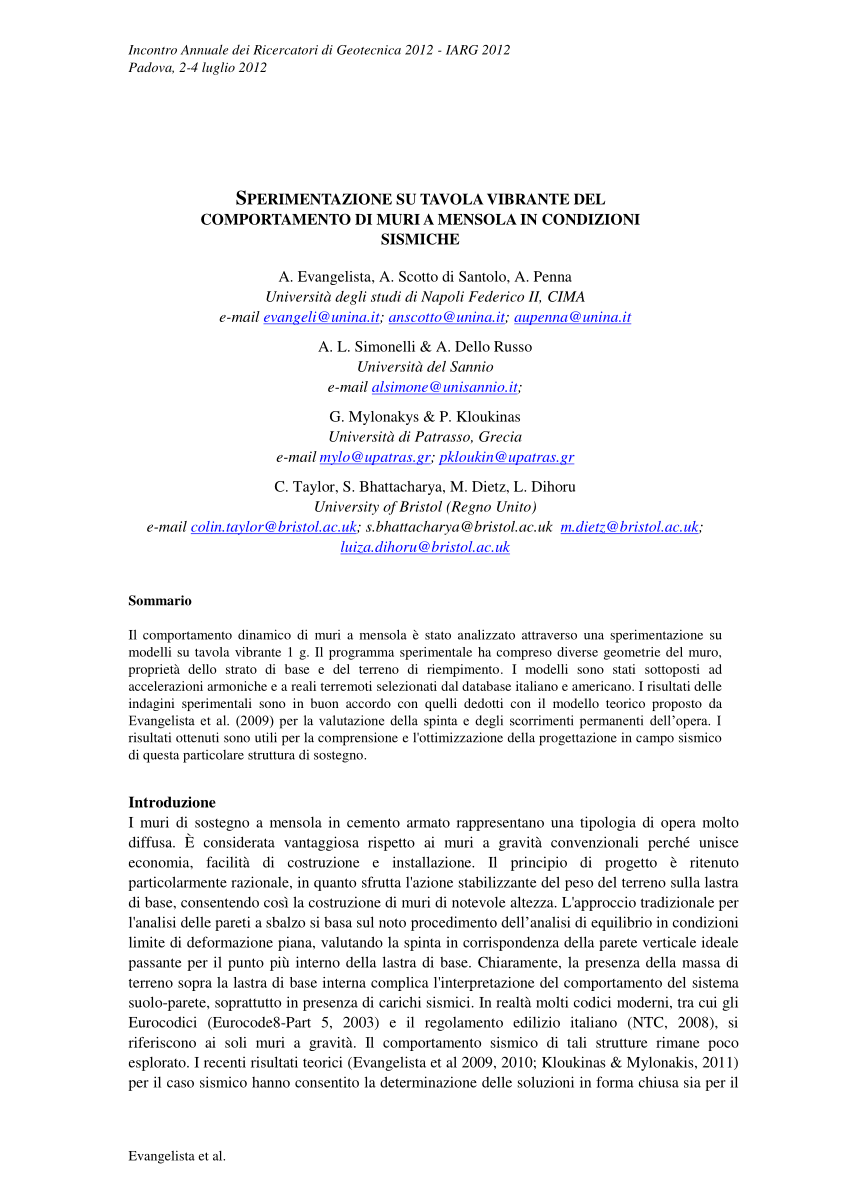 Geotecnica Muri Di Sostegno.Pdf Sperimentazione Su Tavola Vibrante Di Muri A Mensola In Condizioni Sismiche