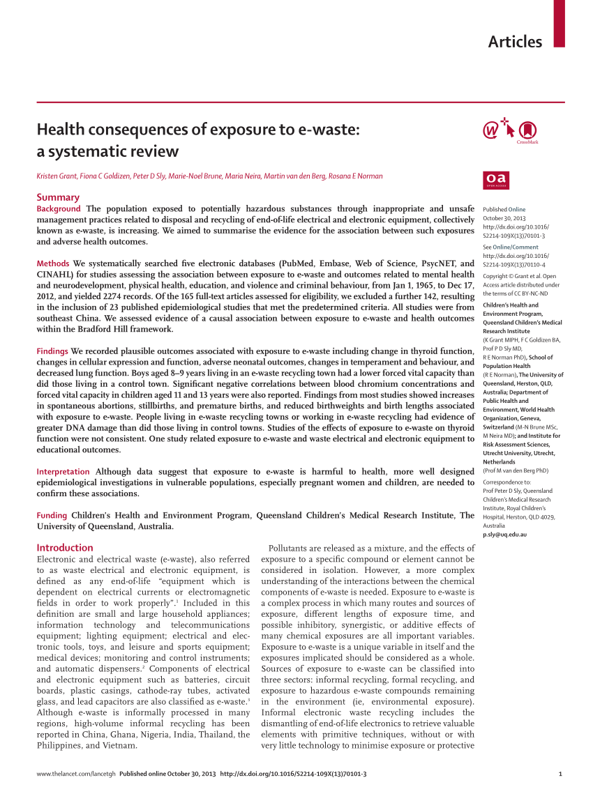 Pdf Health Consequences Of Exposure To E Waste A - 