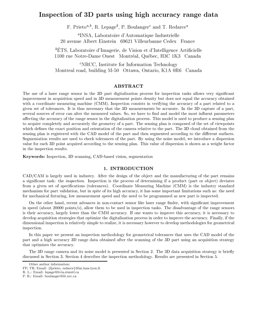 Pdf Inspection Of 3d Parts Using High Accuracy Range Data