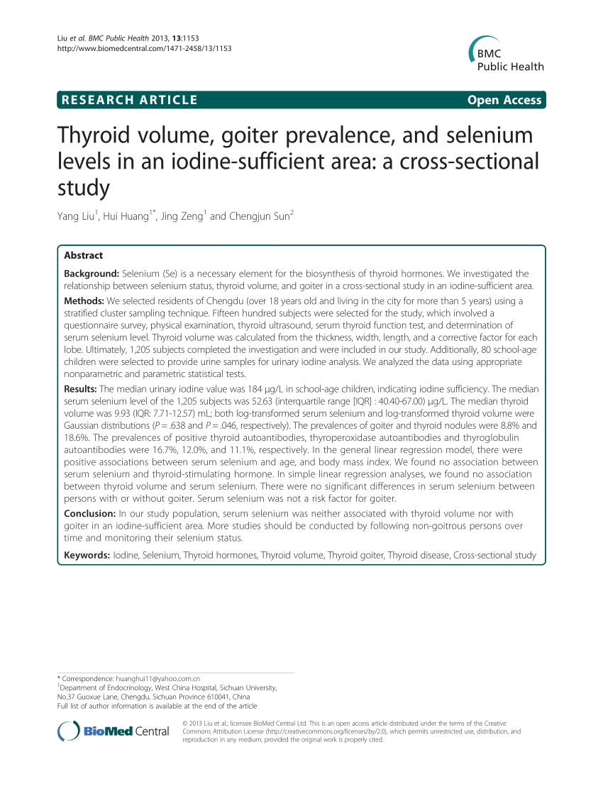 Pdf Thyroid Volume Goiter Prevalence And Selenium Levels In An Iodine Sufficient Area A Cross Sectional Study