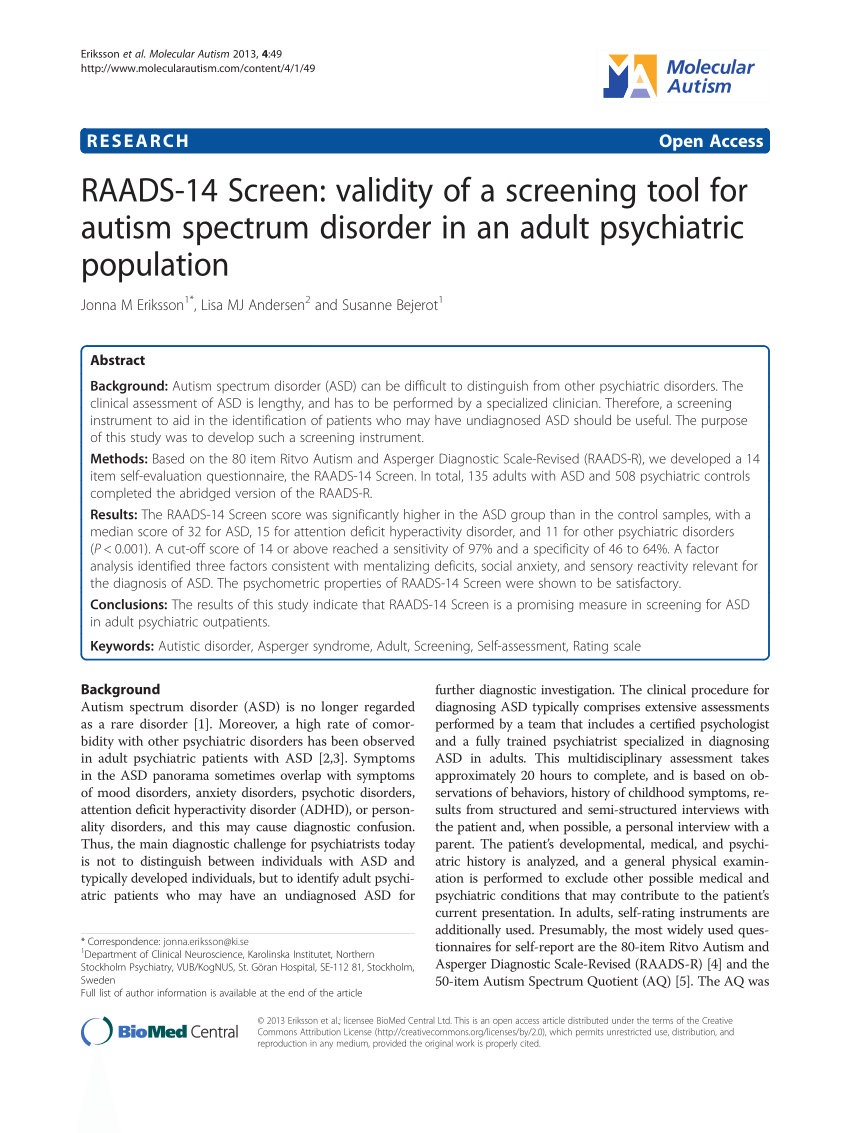 (PDF) RAADS14 Screen Validity of a screening tool for autism spectrum