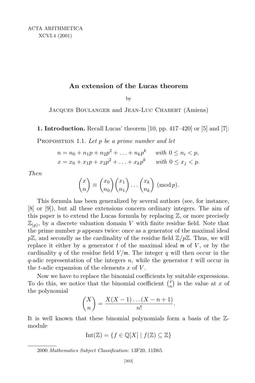 Pdf An Extension Of The Lucas Theorem