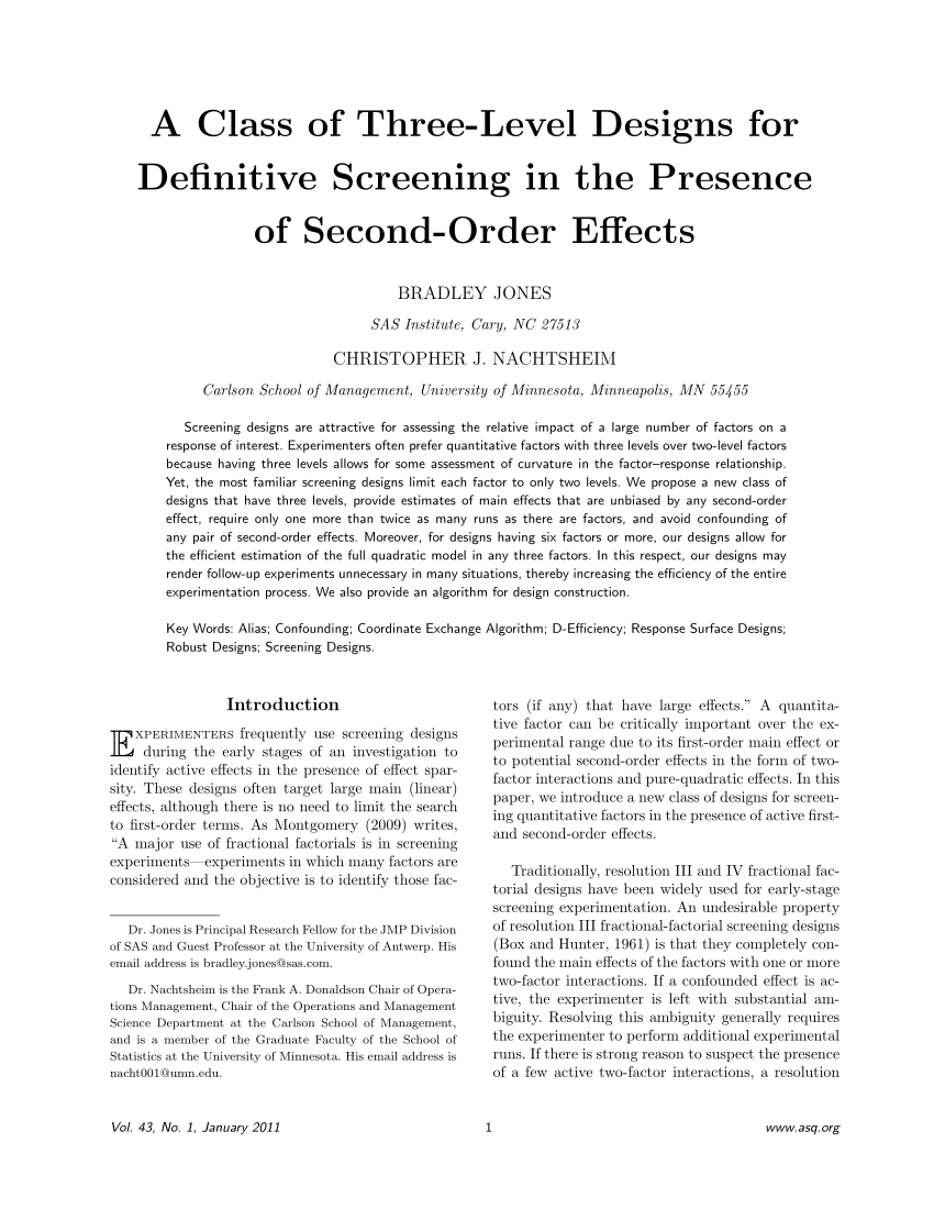Pdf A Class Of Three Level Designs For Definitive Screening In The Presence Of Second Order Effects