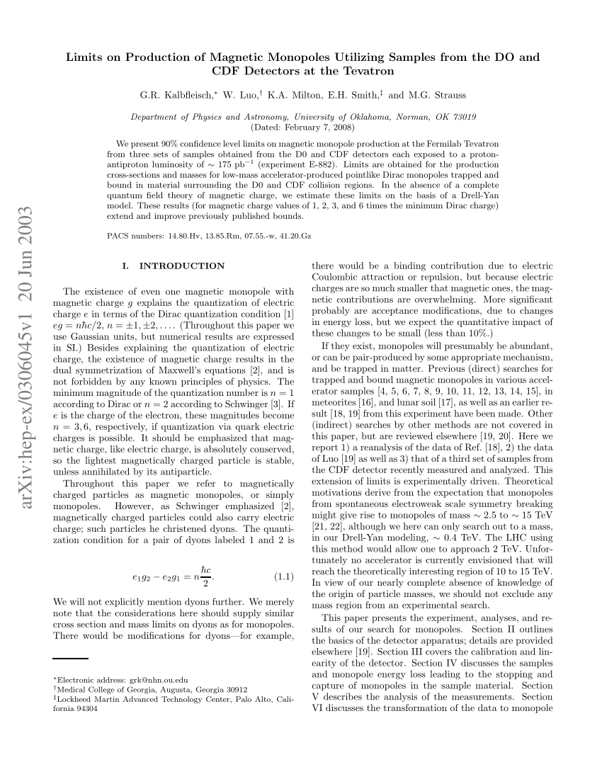 Pdf Limits On Production Of Magnetic Monopoles Utilizing Samples From The D0 And Cdf Detectors At The Fermilab Tevatron