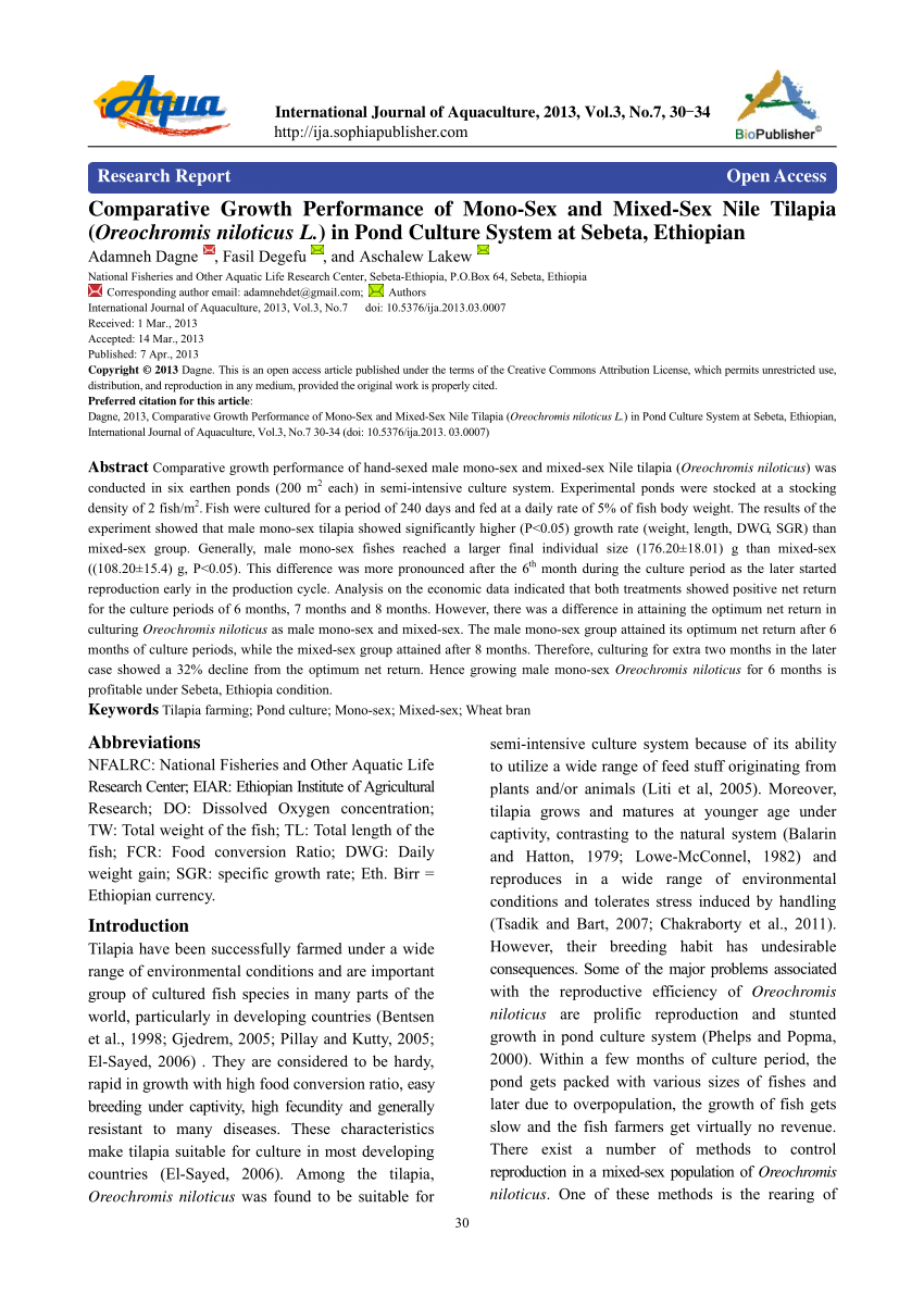 PDF) Comparative Growth Performance of Mono-Sex and Mixed-Sex Nile Tilapia  (Oreochromis niloticus L.) in Pond Culture System at Sebeta, Ethiopian