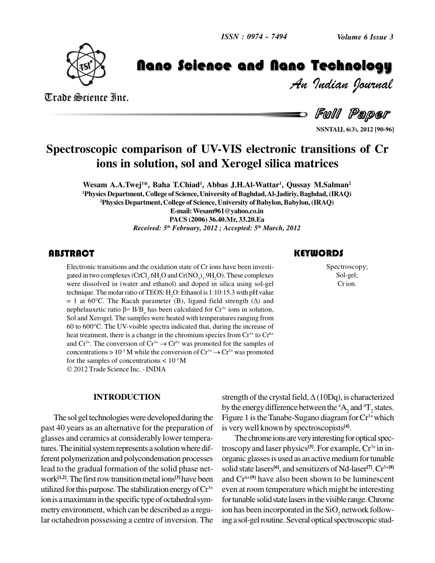Pdf Spectroscopic Comparison Of Uv Vis Electronic Transitions Of Cr Ions In Solution Sol And Xerogel Silica Matrices