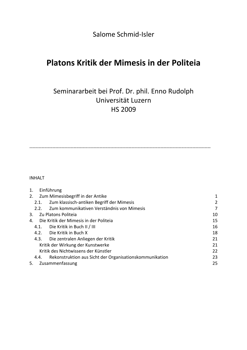 PDF Salome Schmid Isler Platons Kritik der Mimesis in der Politeia