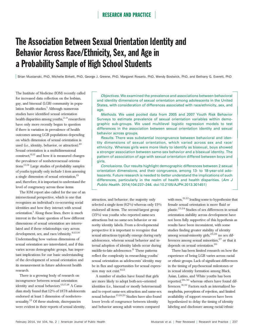 PDF) The Association Between Sexual Orientation Identity and Behavior  Across Race/Ethnicity, Sex, and Age in a Probability Sample of High School  Students