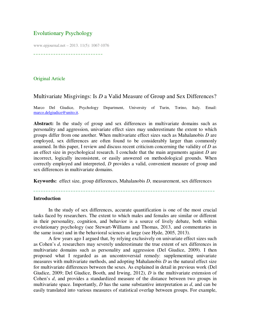 PDF) Multivariate Misgivings: Is D a Valid Measure of Group and Sex  Differences?