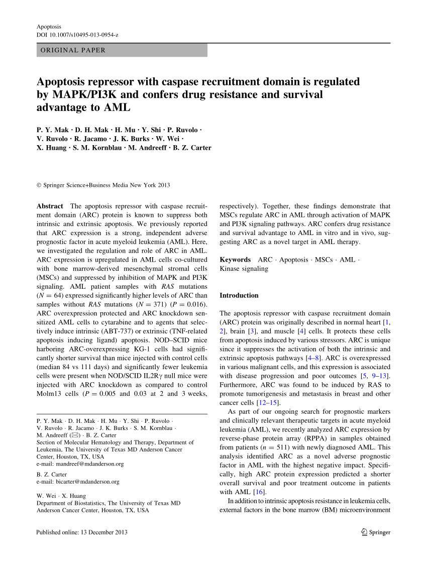 Pdf Apoptosis Repressor With Caspase Recruitment Domain Is Regulated By Mapk Pi3k And Confers Drug Resistance And Survival Advantage To Aml