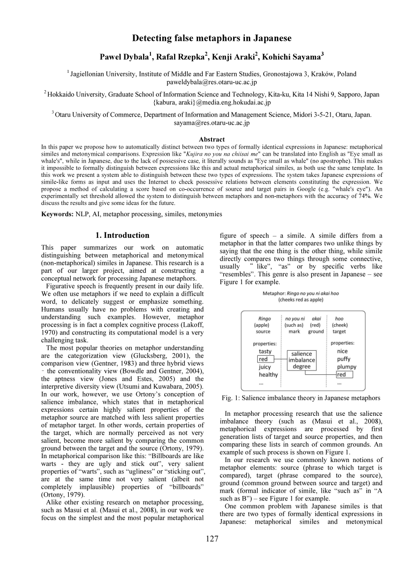 Pdf Detecting False Metaphors In Japanese