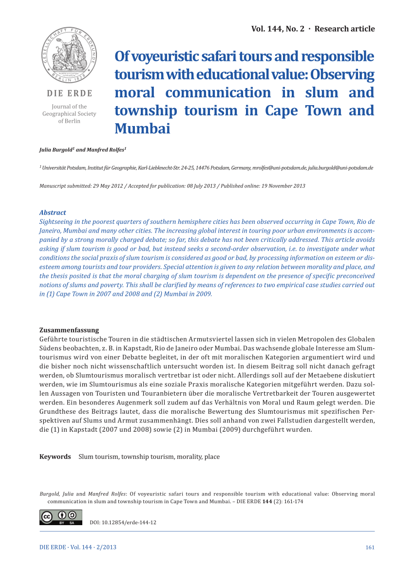 PDF) Of voyeuristic safari tours and responsible tourism with educational value Observing moral communication in slum and township tourism in Cape Town and Mumbai image