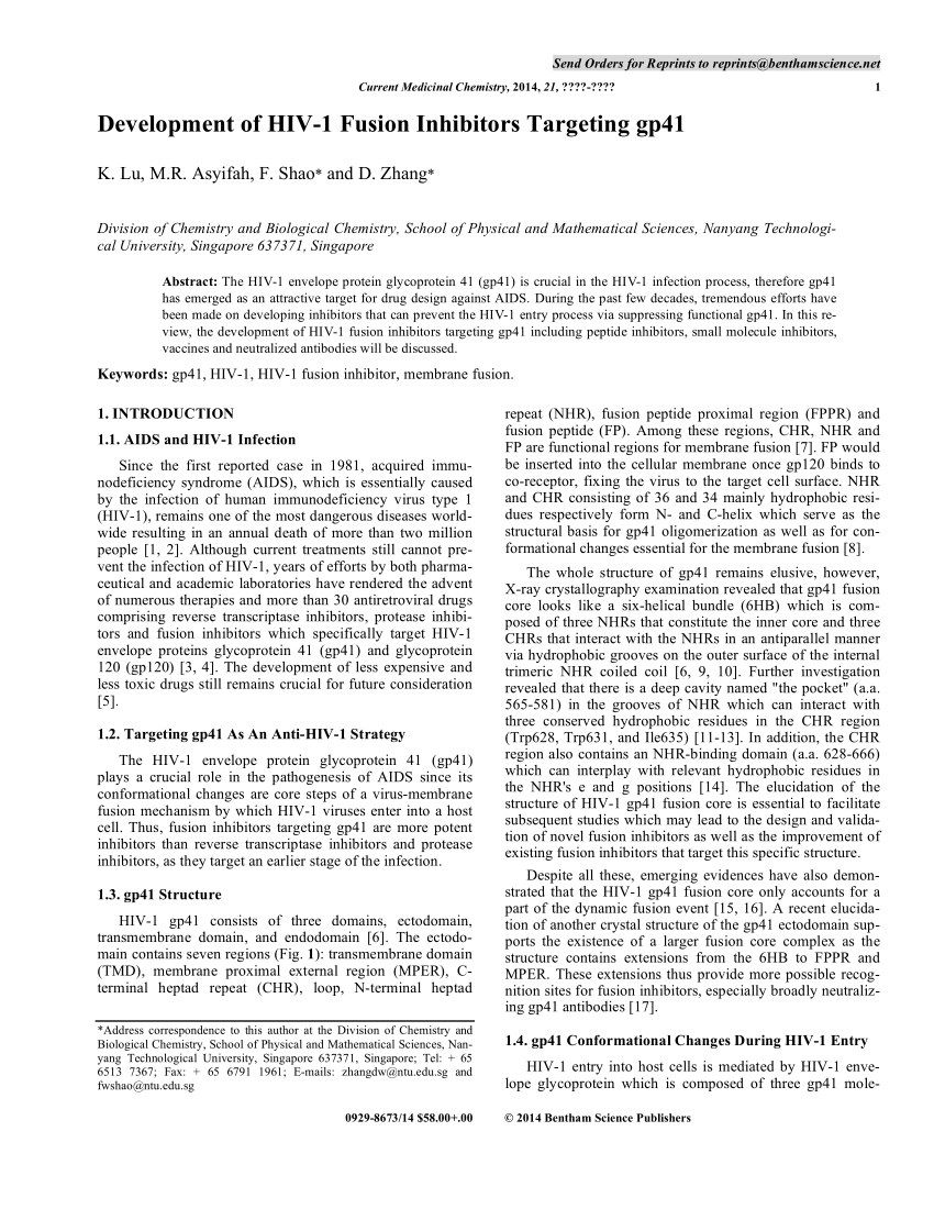 PDF) Development of HIV-1 Fusion Inhibitors Targeting gp41