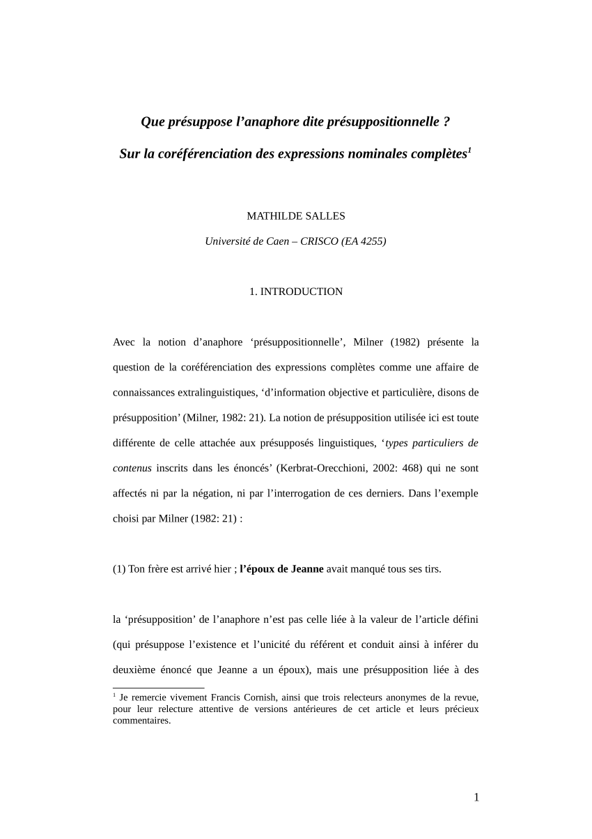 Pdf Que Presuppose L Anaphore Dite Presuppositionnelle Sur La Coreferenciation Des Expressions Nominales Completes