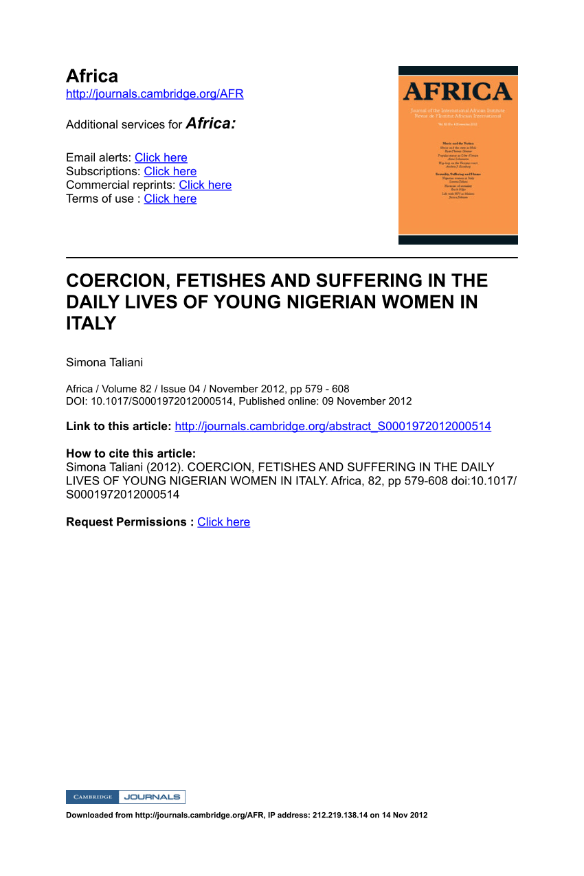 Pdf Coercion Fetishes And Suffering In The Daily Lives Of Young Nigerian Women In Italy