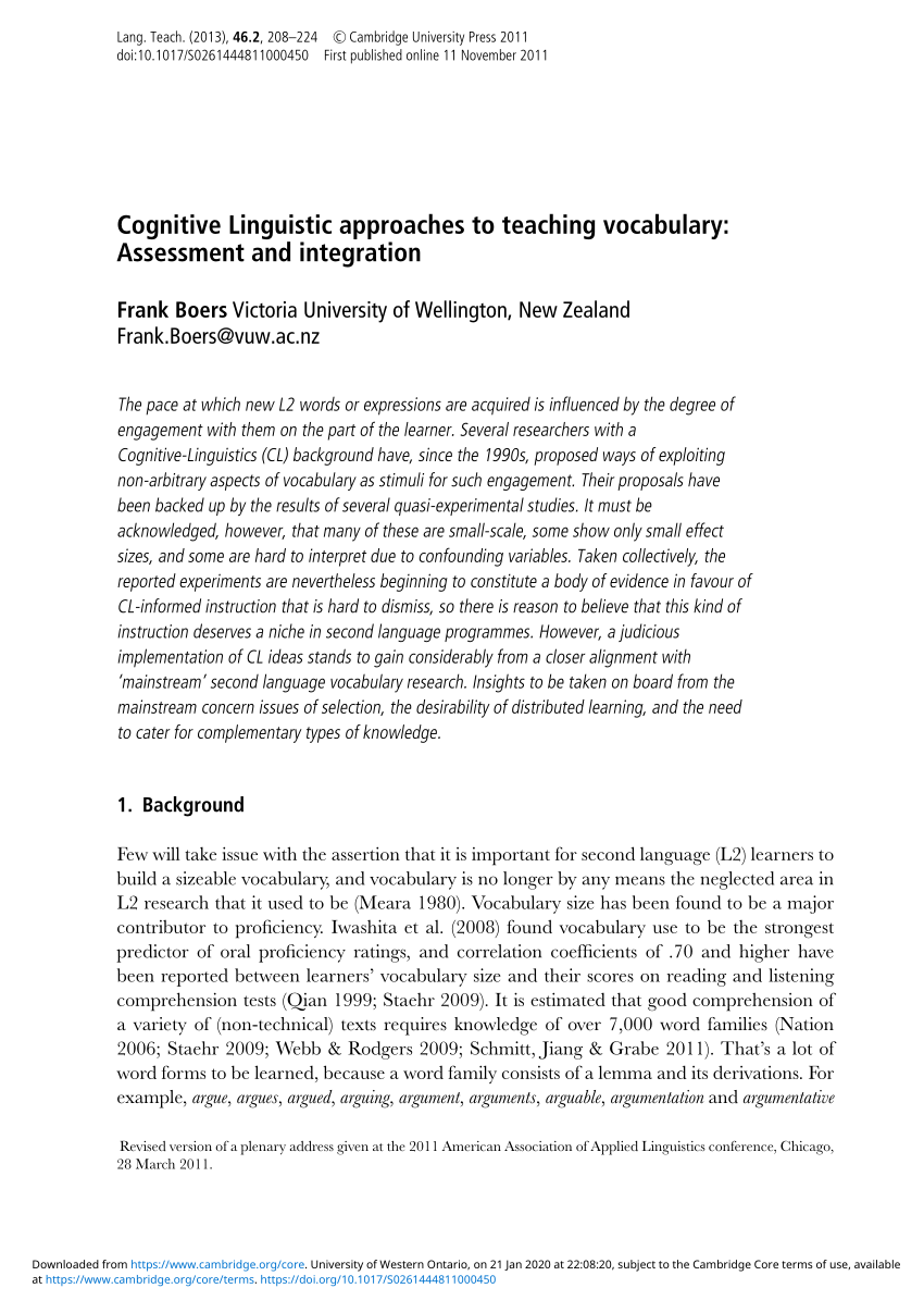 PDF) Cognitive Linguistic approaches to teaching vocabulary