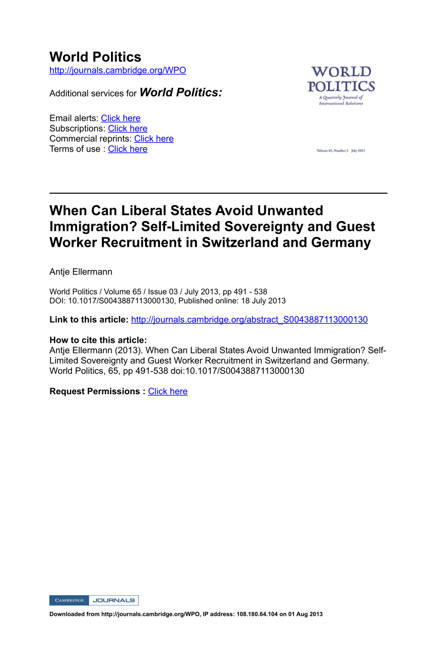 Pdf When Can Liberal States Avoid Unwanted Immigration Self Limited Sovereignty And Guest Worker Recruitment In Switzerland And Germany
