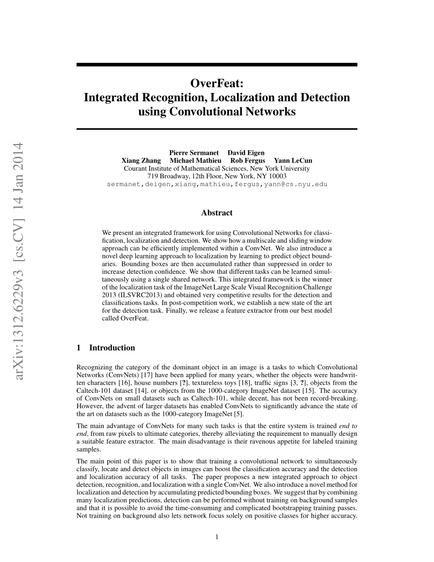 Pdf Overfeat Integrated Recognition Localization And Detection