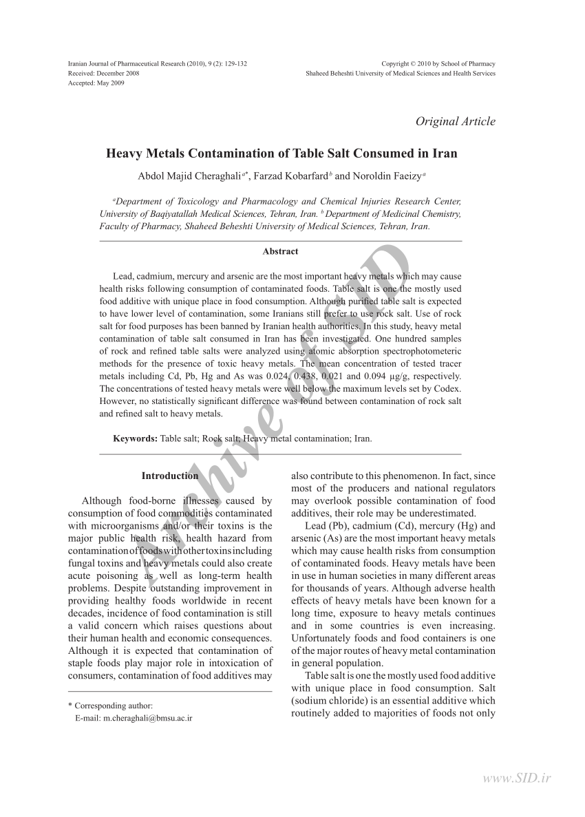 Pdf Heavy Metals Contamination Of Table Salt Consumed In Iran