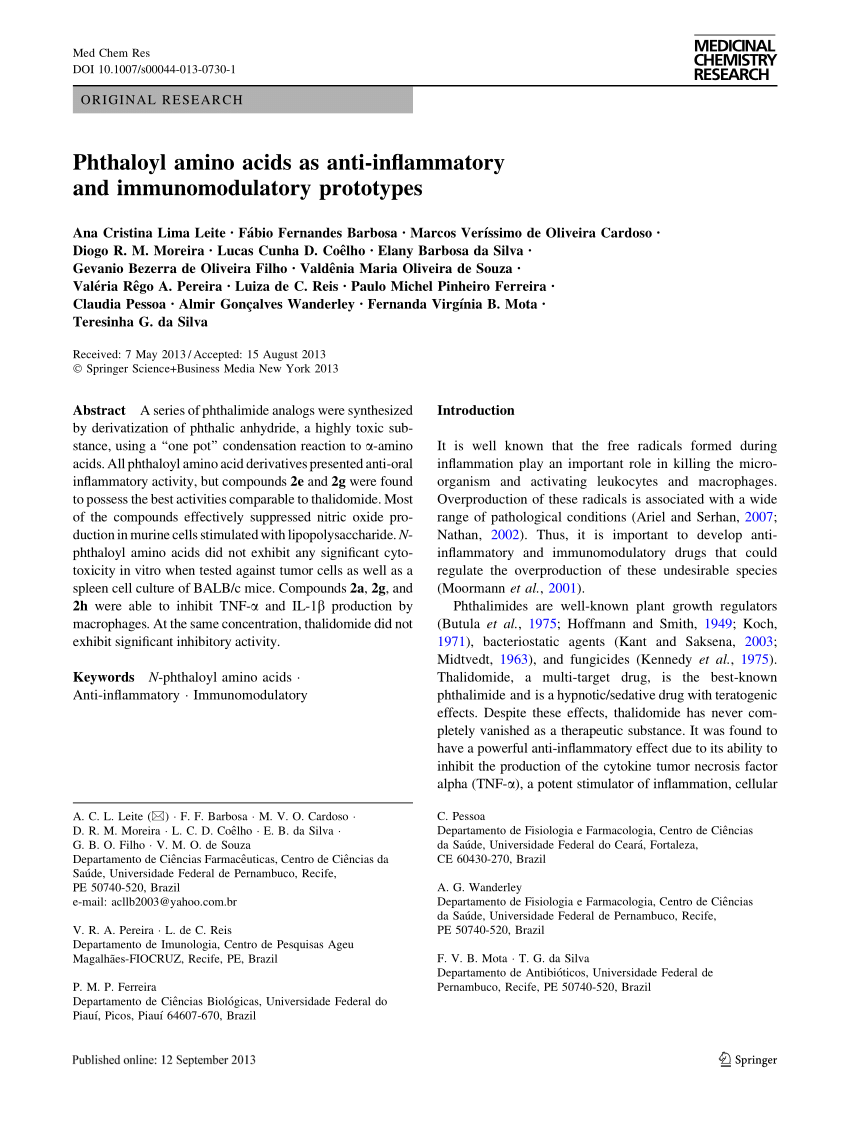 Pdf Phthaloyl Amino Acids As Anti Inflammatory And Immunomodulatory Prototypes