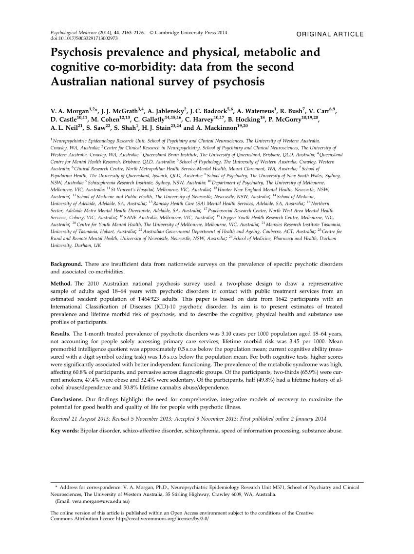 Pdf Psychosis Prevalence And Physical Metabolic And Cognitive Co Morbidity Data From The Second Australian National Survey Of Psychosis
