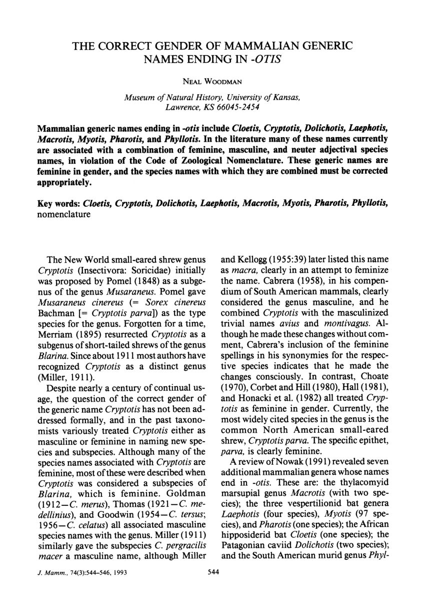 (PDF) The Correct Gender of Mammalian Generic Names Ending in -Otis