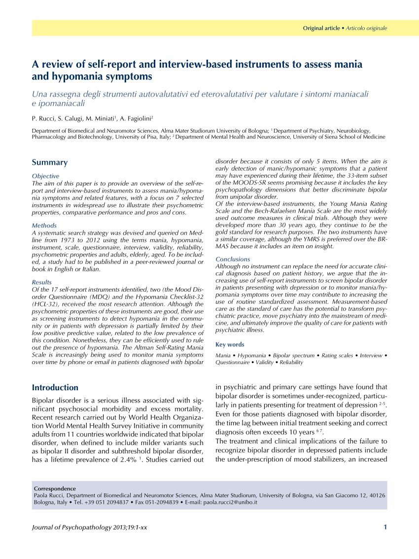 Pdf A Review Of Self-report And Interview-based Instruments To Assess Mania And Hypomania Symptoms