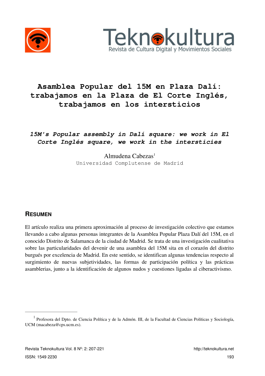 Pdf Asamblea Popular Del 15m En Plaza Dali Trabajamos En La Plaza De El Corte Ingles Trabajamos En Los Intersticios