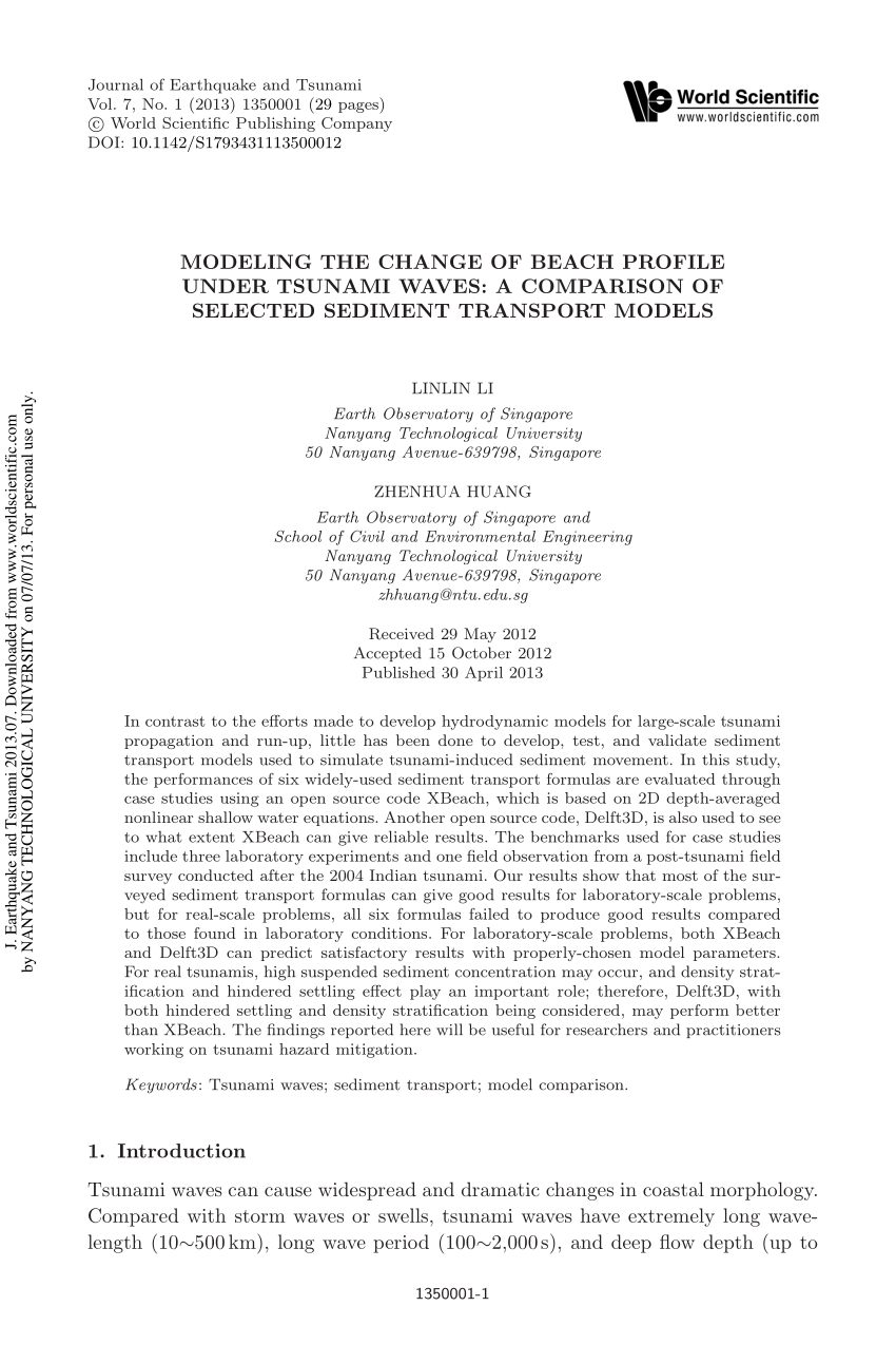 Pdf Modeling The Change Of Beach Profile Under Tsunami Waves A Comparison Of Selected Sediment Transport Models