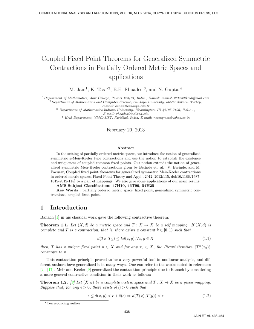 Pdf Coupled Fixed Point Theorems For Generalized Symmetric Contractions In Partially Ordered Metric Spaces And Applications