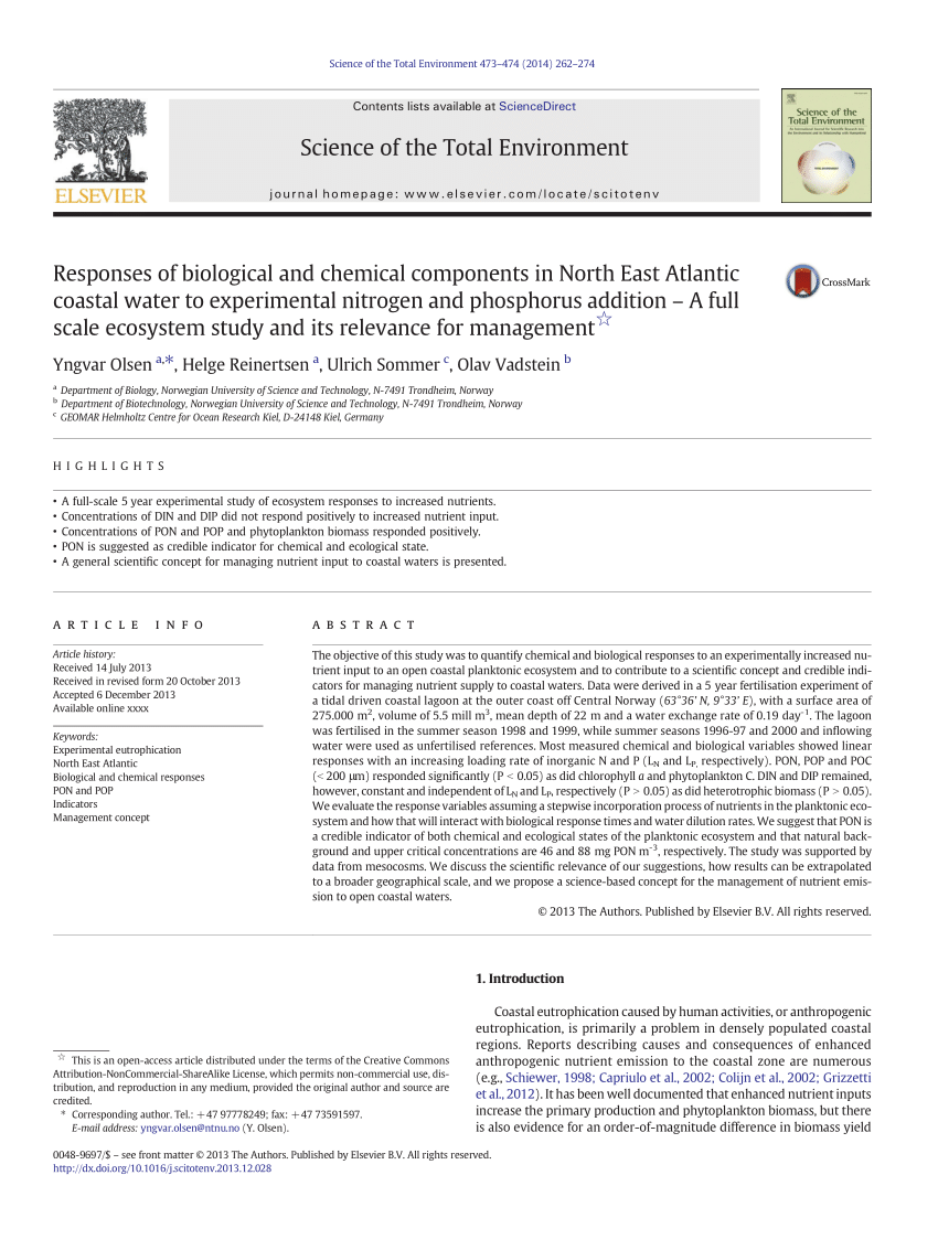 PDF) Responses of biological and chemical components in East Atlantic coastal water to experimental nitrogen and phosphorus - A full scale ecosystem study and its relevance for management