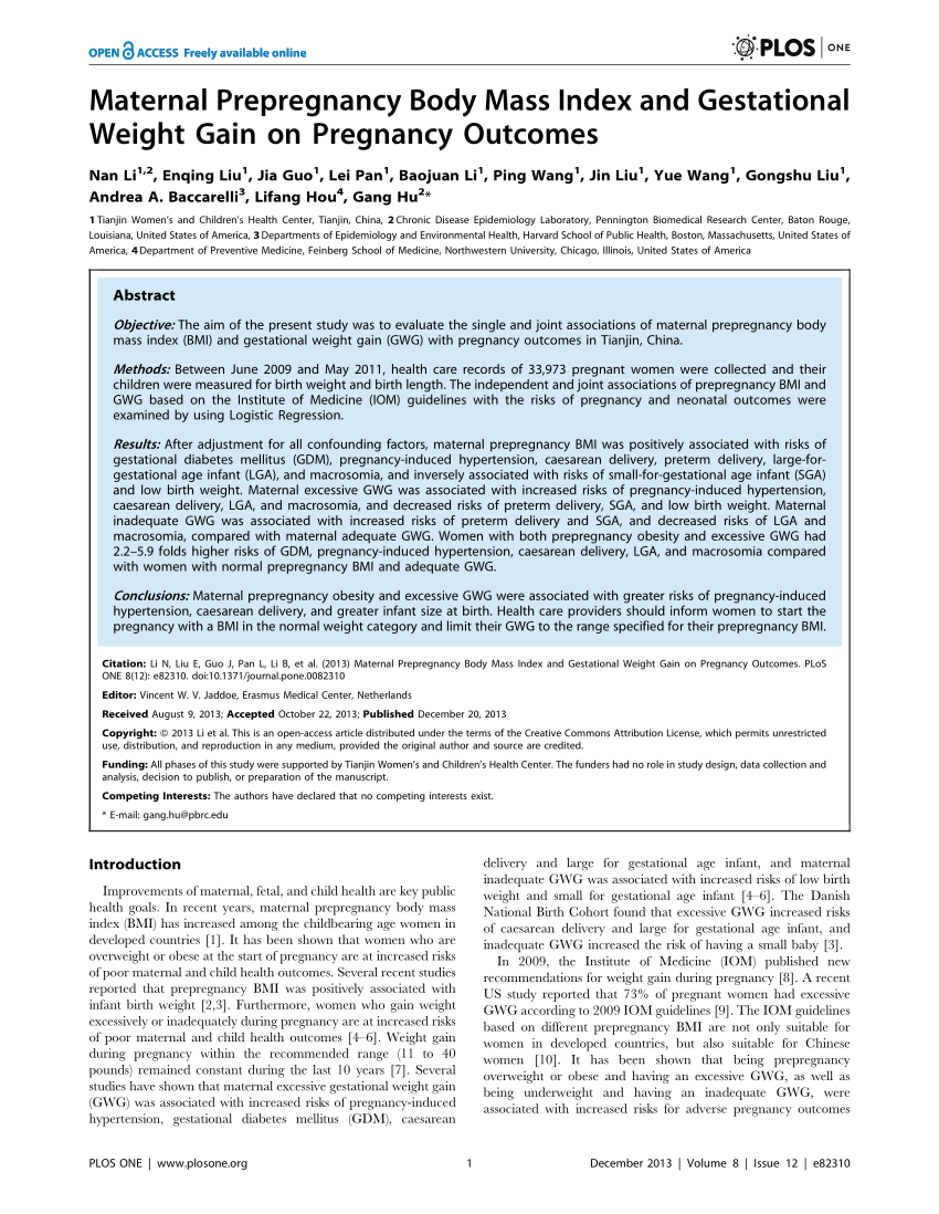 Pdf Maternal Prepregnancy Body Mass Index And Gestational Weight Gain On Pregnancy Outcomes 6454