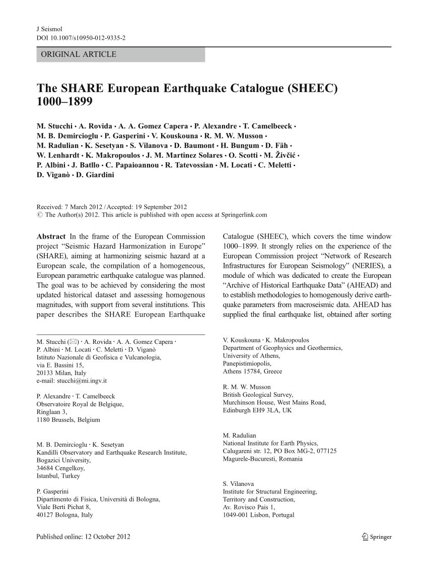 Pdf The Share European Earthquake Catalogue Sheec 1000 19
