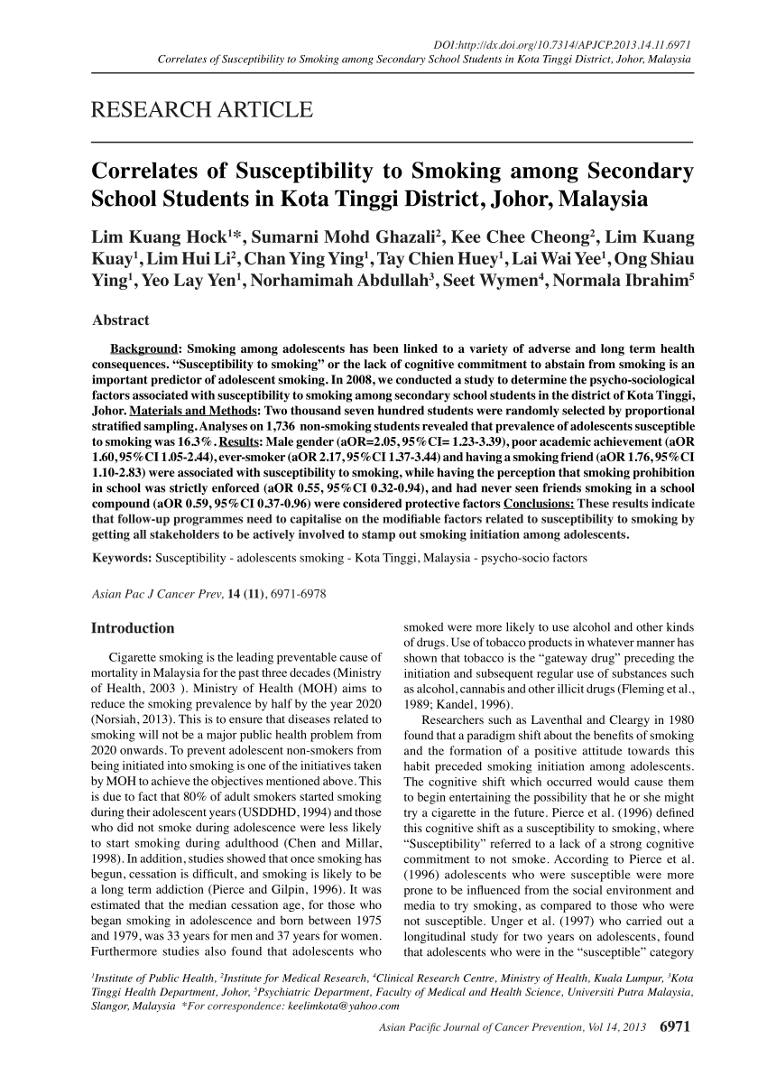 Pdf Correlates Of Susceptibility To Smoking Among Secondary School Students In Kota Tinggi District Johor Malaysia