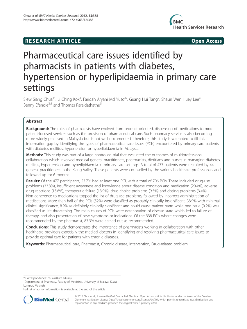 Pdf Pharmaceutical Care Issues Identified By Pharmacists In Patients With Diabetes Hypertension Or Hyperlipidaemia In Primary Care Settings