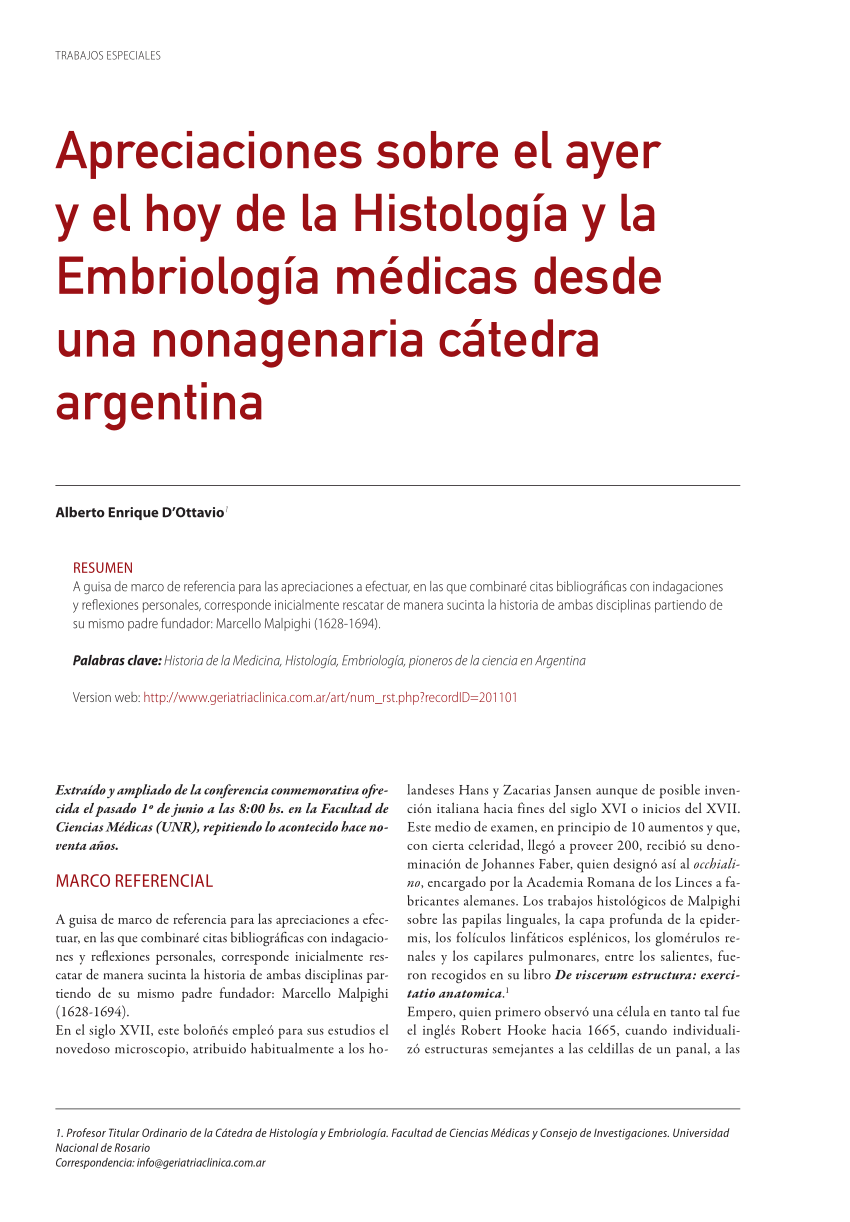 PDF) Apreciaciones sobre el ayer y el hoy de la Histología y la Embriología  médicas desde una nonagenaria cátedra argentina