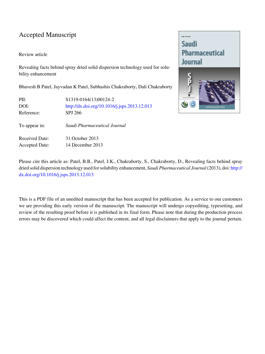 Pdf Revealing Facts Behind Spray Dried Solid Dispersion Technology Used For Solubility Enhancement