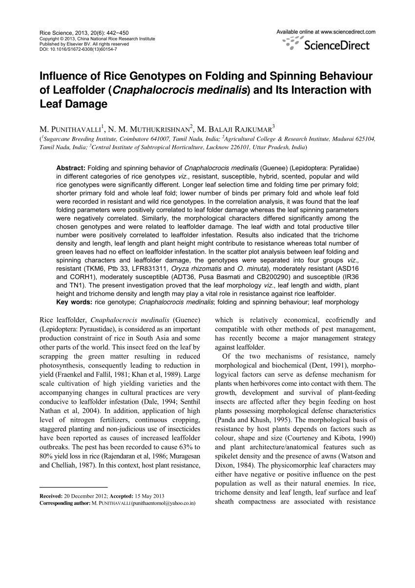 Characterization of hostplant innate immunity from Kharif-II rice cultivars  against rice leaf folder (Cnaphalocrocis medinalis Guen.) via in-situ  screening and physicochemical assays - ScienceDirect