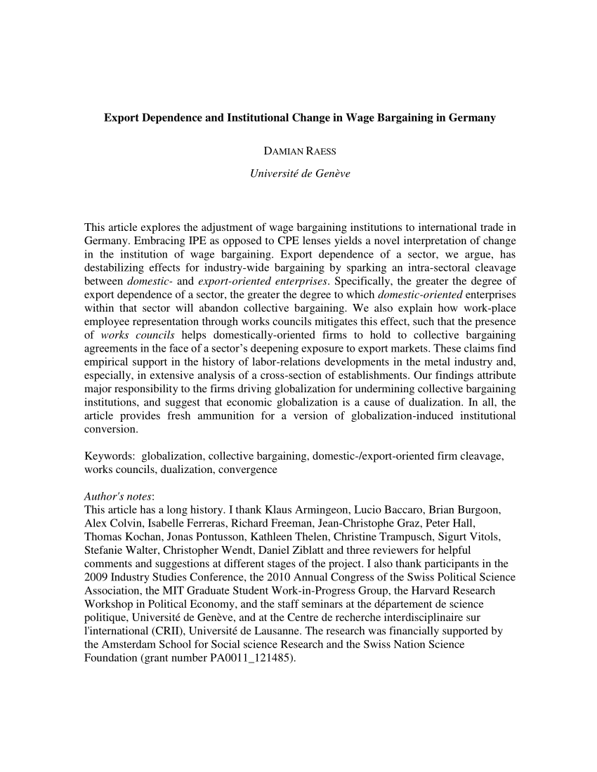 Pdf Export Dependence And Institutional Change In Wage Bargaining In Germany