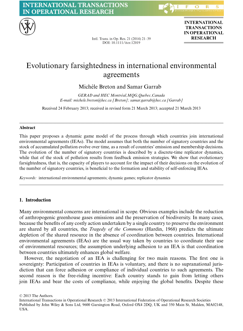 PDF Evolutionary farsightedness in international environmental