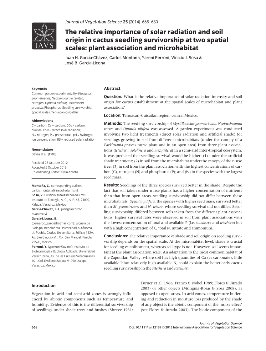 Pdf The Relative Importance Of Solar Radiation And Soil Origin In Cactus Seedling Survivorship At Two Spatial Scales Plant Association And Microhabitat