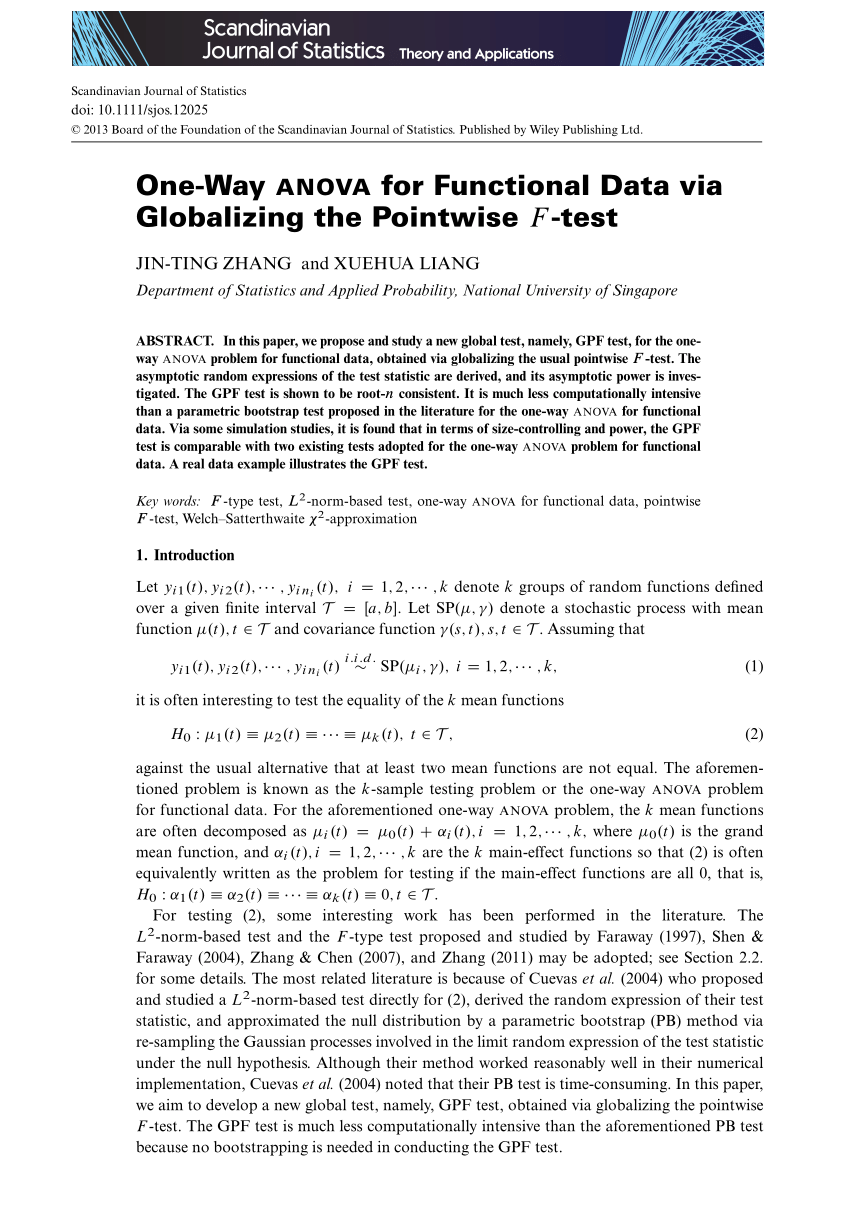 Pdf One Way Anova For Functional Data Via Globalizing The Pointwise F Test