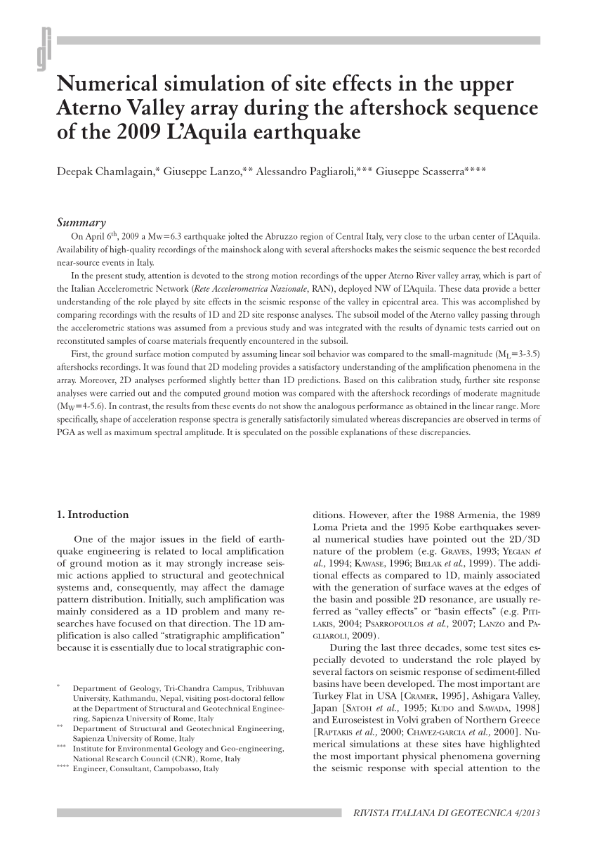 Pdf Numerical Simulation Of Site Effects In The Upper Aterno Valley Array During The Aftershock Sequence Of The 09 L Aquila Earthquake