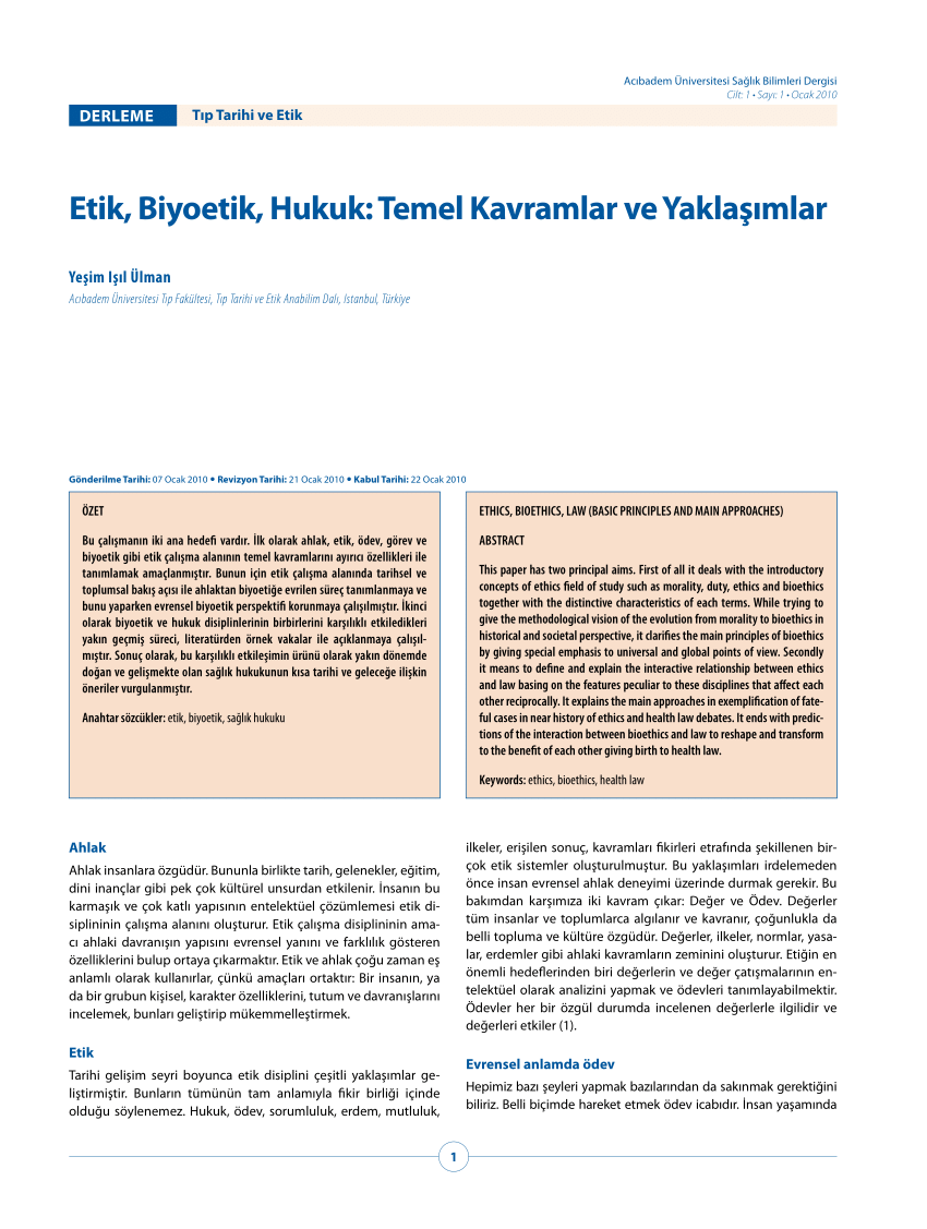 Pdf Etik Hukuk Biyoetik Temel Kavramlar Ve Yaklasimlar