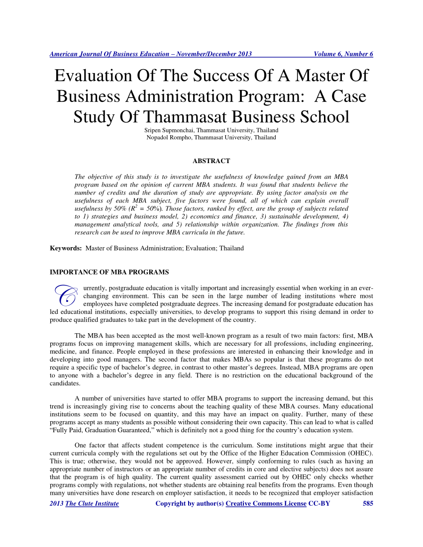 Pdf Evaluation Of The Success Of A Master Of Business Administration Program A Case Study Of Thammasat Business School