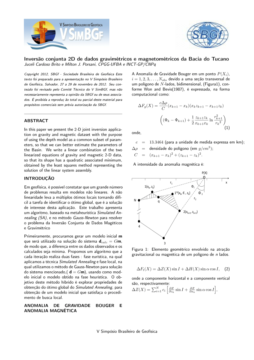 Pdf Inversao Conjunta 2d De Dados Gravimetricos E Magnetometricos Da Bacia Do Tucano
