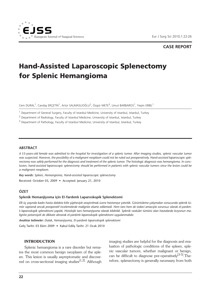 Pdf Hand Assisted Laparoscopic Splenectomy For Splenic Hemangioma 4719