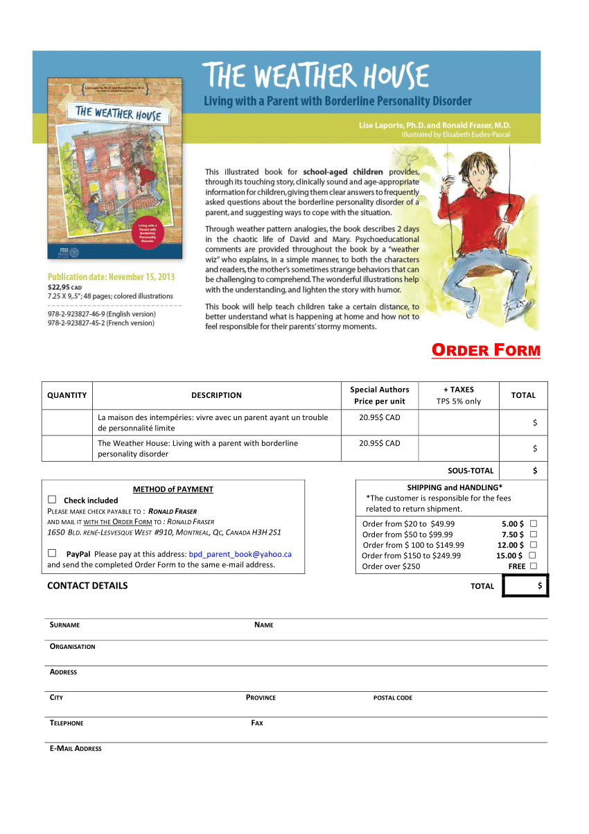 Pdf Order Form The Weather House Living With A Parent With Borderline Personality Disorder