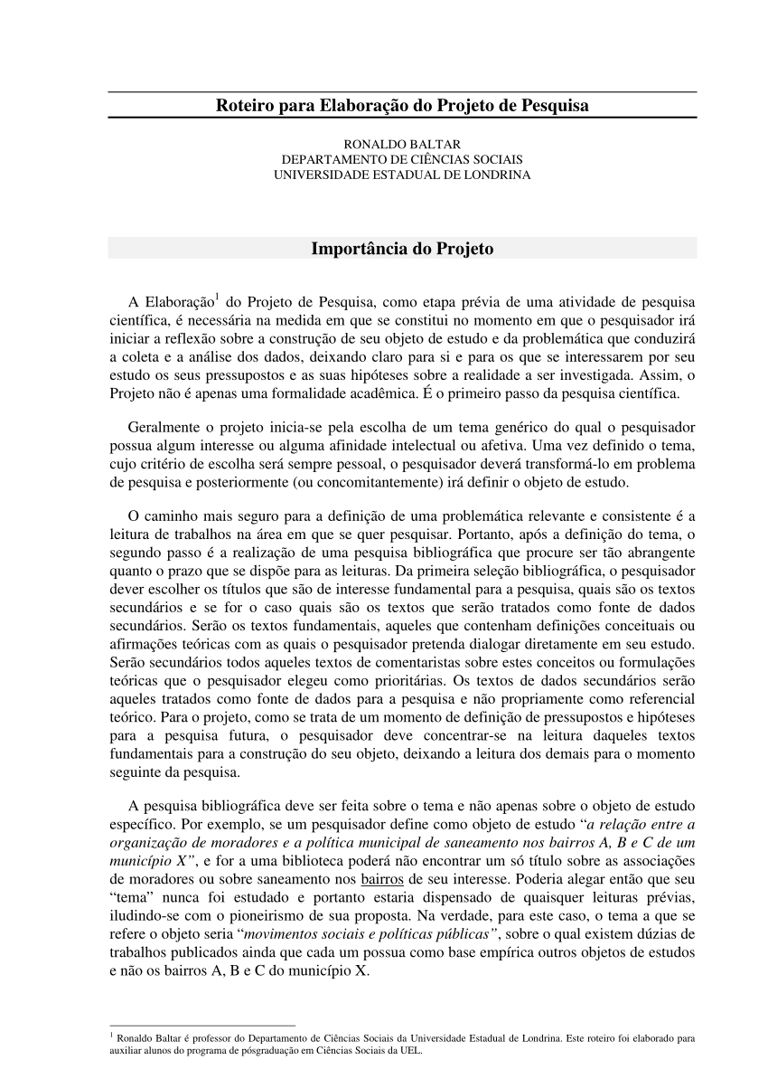 Pdf Roteiro Para Elaboração Do Projeto De Pesquisa 6594